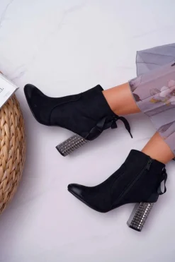 Botki Damskie Na Słupku Rock Suwak Czarne Stein