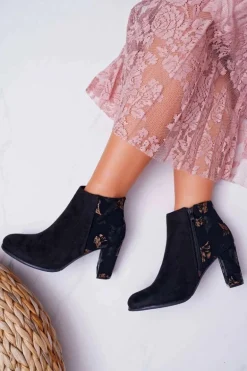 Botki Damskie Na Słupku Sergio Leone W Złote Kwiaty Folk Czarne Eros2