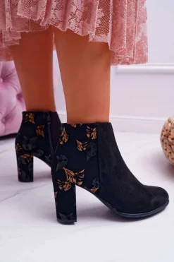 Botki Damskie Na Słupku Sergio Leone W Złote Kwiaty Folk Czarne Eros2