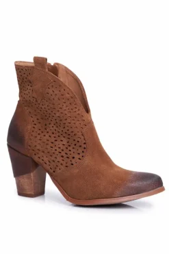 Botki Damskie Na Słupku Skórzane Welurowe Kowbojki Exquisite Brązowe 1170