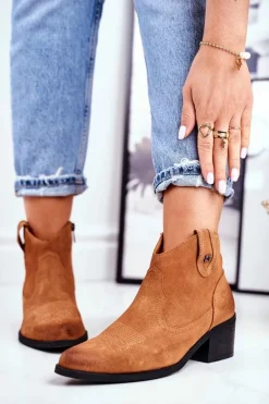 Botki Damskie Na Słupku Skórzane Big Star Camel GG274330