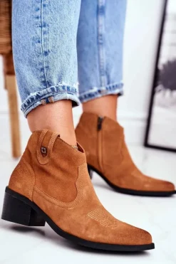 Botki Damskie Na Słupku Skórzane Big Star Camel GG274330