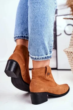 Botki Damskie Na Słupku Skórzane Big Star Camel GG274330