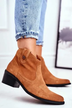 Botki Damskie Na Słupku Skórzane Big Star Camel GG274330