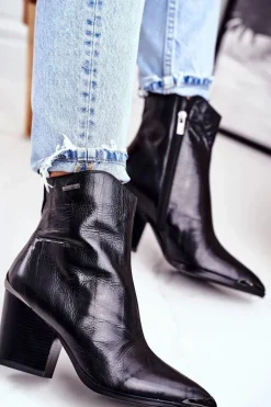 Botki Damskie Na Słupku Skórzane Big Star Czarne GG274919