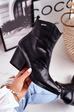 Botki Damskie Na Słupku Skórzane Big Star Czarne GG274919