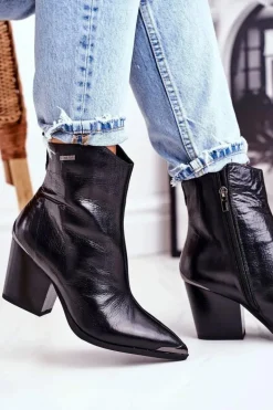 Botki Damskie Na Słupku Skórzane Big Star Czarne GG274919