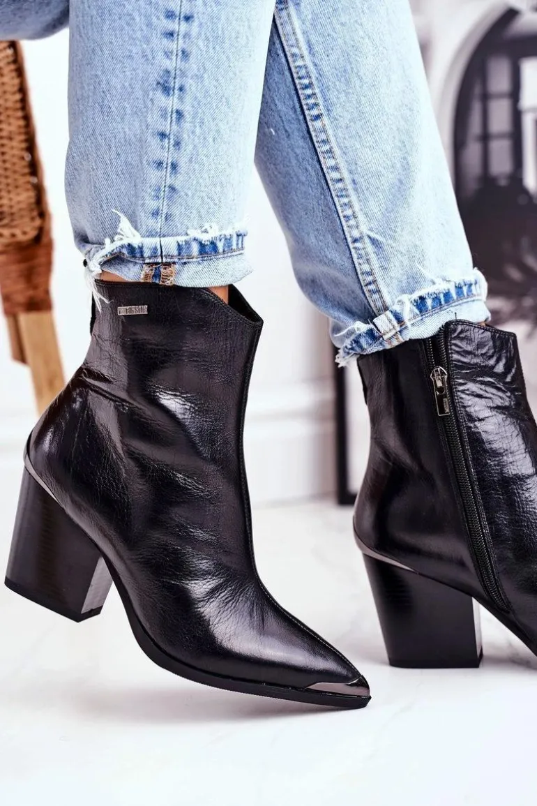 Botki Damskie Na Słupku Skórzane Big Star Czarne GG274919