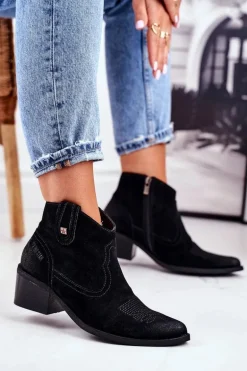 Botki Damskie Na Słupku Skórzane Big Star Czarne GG274329