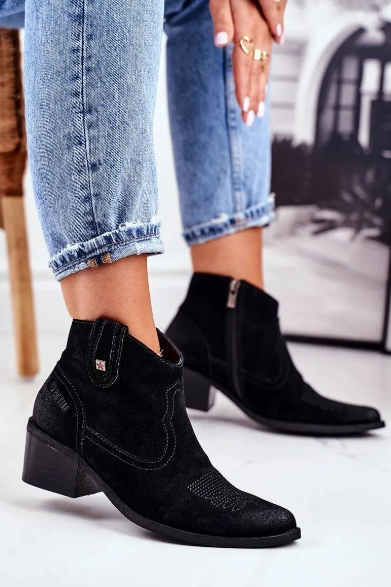 Botki Damskie Na Słupku Skórzane Big Star Czarne GG274329