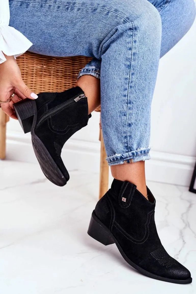 Botki Damskie Na Słupku Skórzane Big Star Czarne GG274329