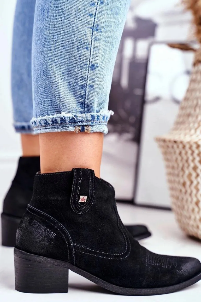 Botki Damskie Na Słupku Skórzane Big Star Czarne GG274329