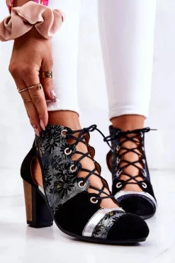 Botki Damskie Na Słupku Skórzane Maciejka Wiosenne 03938-01 Czarne