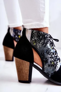 Botki Damskie Na Słupku Skórzane Maciejka Wiosenne 03938-01 Czarne