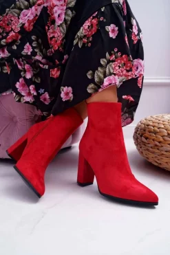 Botki Damskie Na Słupku Suwak W Szpic Czerwone Ferol