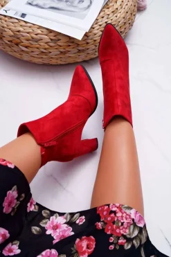 Botki Damskie Na Słupku Suwak W Szpic Czerwone Ferol