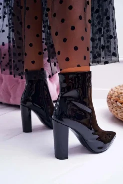 Botki Damskie Na Słupku W Szpic Lakierowane Czarne Demens