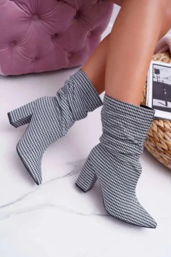 Botki Damskie Na Słupku w Pepitkę Biało Czarne Vibe