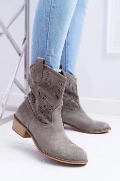 Botki Damskie Na Słupku Wsuwane Kowbojki Oliwkowe Lalu