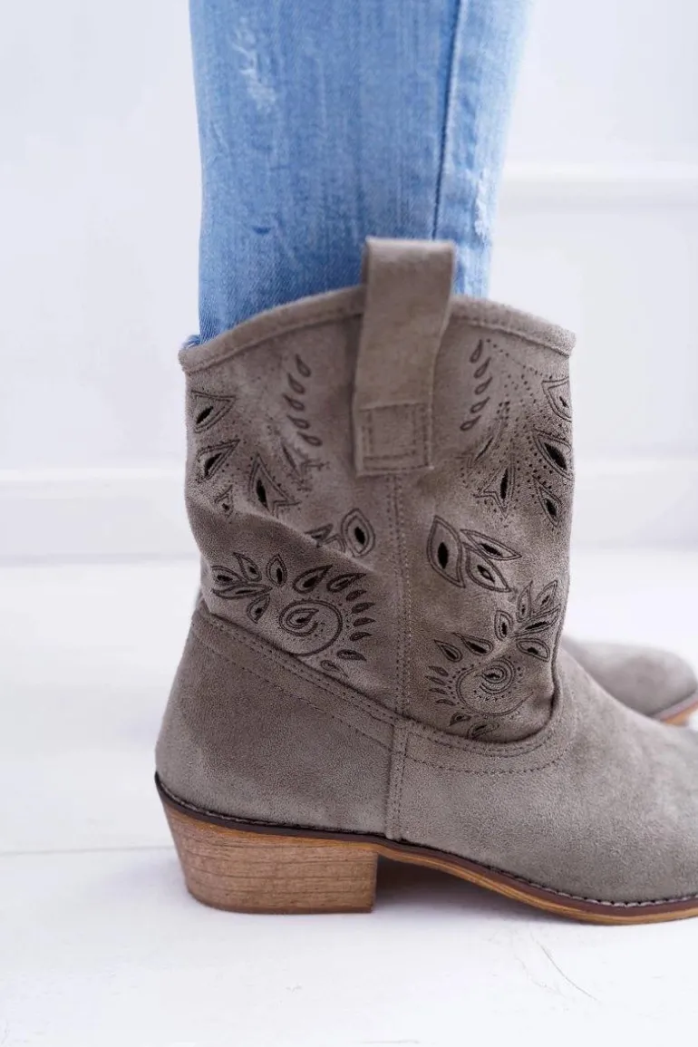 Botki Damskie Na Słupku Wsuwane Kowbojki Oliwkowe Lalu