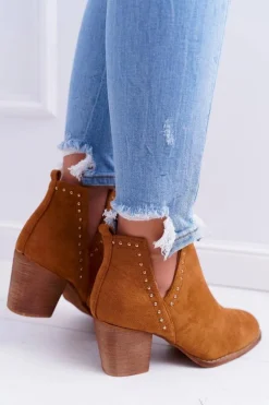 Botki Damskie Na Słupku Wsuwane z Wycięciami Camel ManiMani