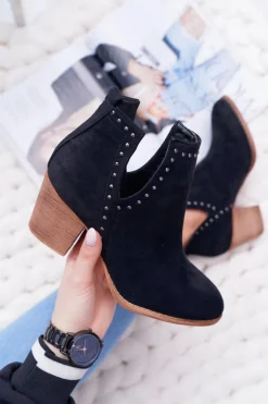 Botki Damskie Na Słupku Wsuwane z Wycięciami Czarne ManiMani