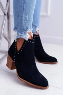 Botki Damskie Na Słupku Wsuwane z Wycięciami Czarne ManiMani