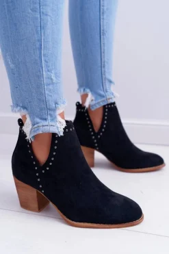 Botki Damskie Na Słupku Wsuwane z Wycięciami Czarne ManiMani