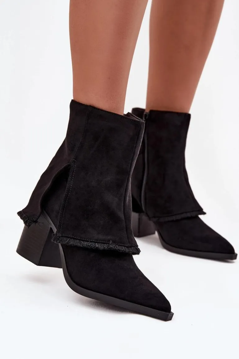 Botki Damskie Na Słupku Z Wywiniętą Cholewką Czarne Idalia