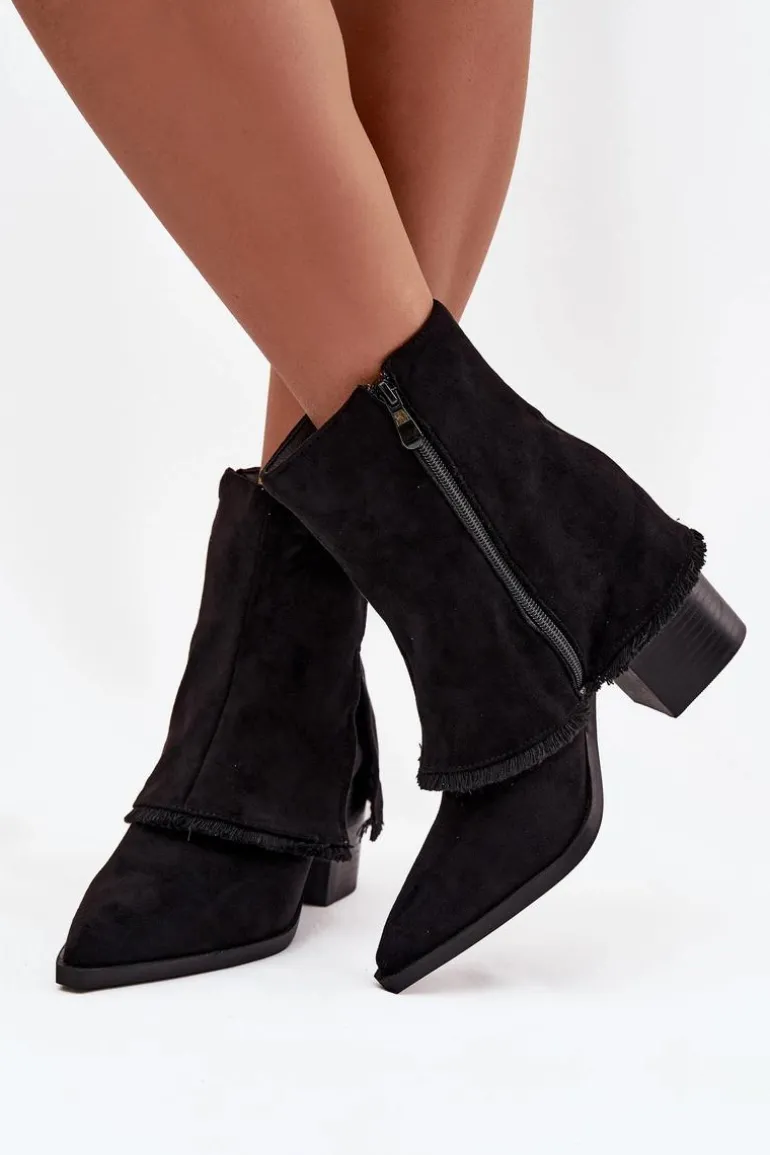 Botki Damskie Na Słupku Z Wywiniętą Cholewką Czarne Idalia