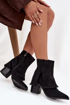 Botki Damskie Na Słupku Z Wywiniętą Cholewką Czarne Idalia