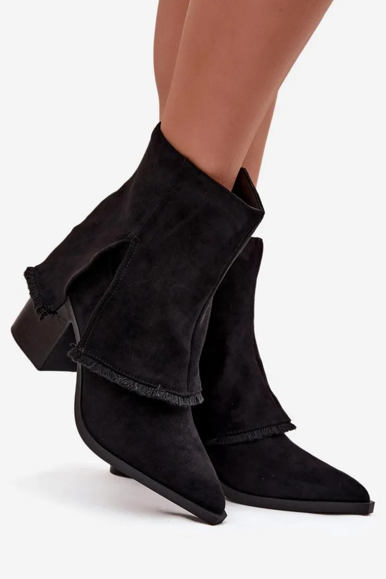 Botki Damskie Na Słupku Z Wywiniętą Cholewką Czarne Idalia