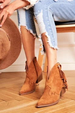 Botki Damskie Na Słupku Z Frędzlami Kowbojki Camel Sibi