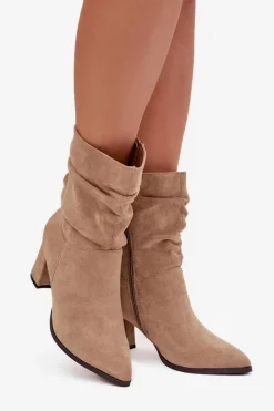Botki Damskie Na Słupku Z Marszczeniem Ocieplane Beżowe Amelise