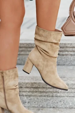 Botki Damskie Na Słupku Z Marszczeniem Ocieplane Beżowe Amelise