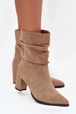 Botki Damskie Na Słupku Z Marszczeniem Ocieplane Beżowe Amelise