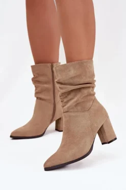 Botki Damskie Na Słupku Z Marszczeniem Ocieplane Beżowe Amelise