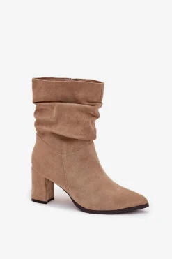 Botki Damskie Na Słupku Z Marszczeniem Ocieplane Beżowe Amelise