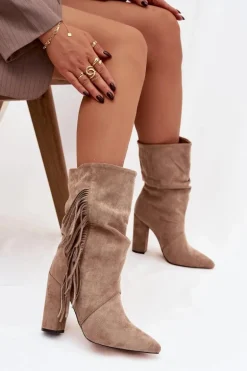 Botki Damskie Na Słupku Z Frędzlami I Marszczeniem Ocieplane Beżowe Darlina