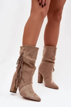 Botki Damskie Na Słupku Z Frędzlami I Marszczeniem Ocieplane Beżowe Darlina