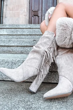 Botki Damskie Na Słupku Z Frędzlami I Marszczeniem Ocieplane Beżowe Darlina