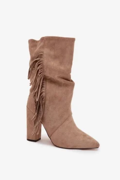 Botki Damskie Na Słupku Z Frędzlami I Marszczeniem Ocieplane Beżowe Darlina