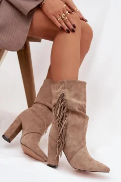 Botki Damskie Na Słupku Z Frędzlami I Marszczeniem Ocieplane Beżowe Darlina