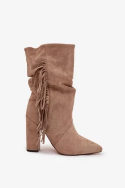 Botki Damskie Na Słupku Z Frędzlami I Marszczeniem Ocieplane Beżowe Darlina