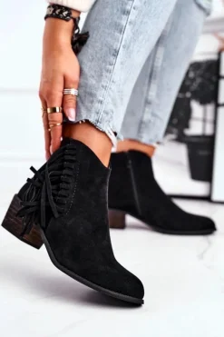 Botki Damskie Na Słupku Z Frędzlami Kowbojki Czarne Mirage