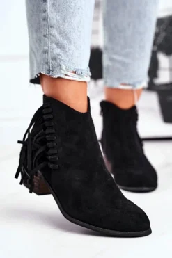 Botki Damskie Na Słupku Z Frędzlami Kowbojki Czarne Mirage