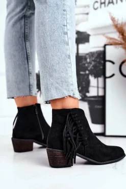 Botki Damskie Na Słupku Z Frędzlami Kowbojki Czarne Mirage