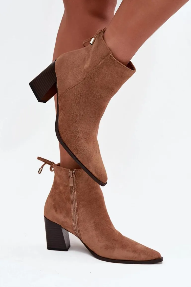 Botki Damskie Na Słupku Z Wiązaniem Camel Halisse