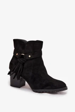 Botki Damskie Na Słupku Z Frędzlami Czarne Rosabella