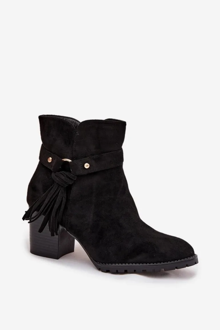 Botki Damskie Na Słupku Z Frędzlami Czarne Rosabella